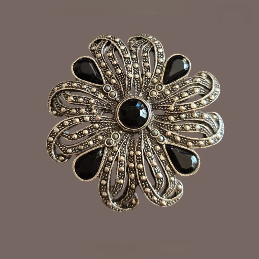 1928 Inspired Silver Tone Marcasite and Black Acrylic Brooch